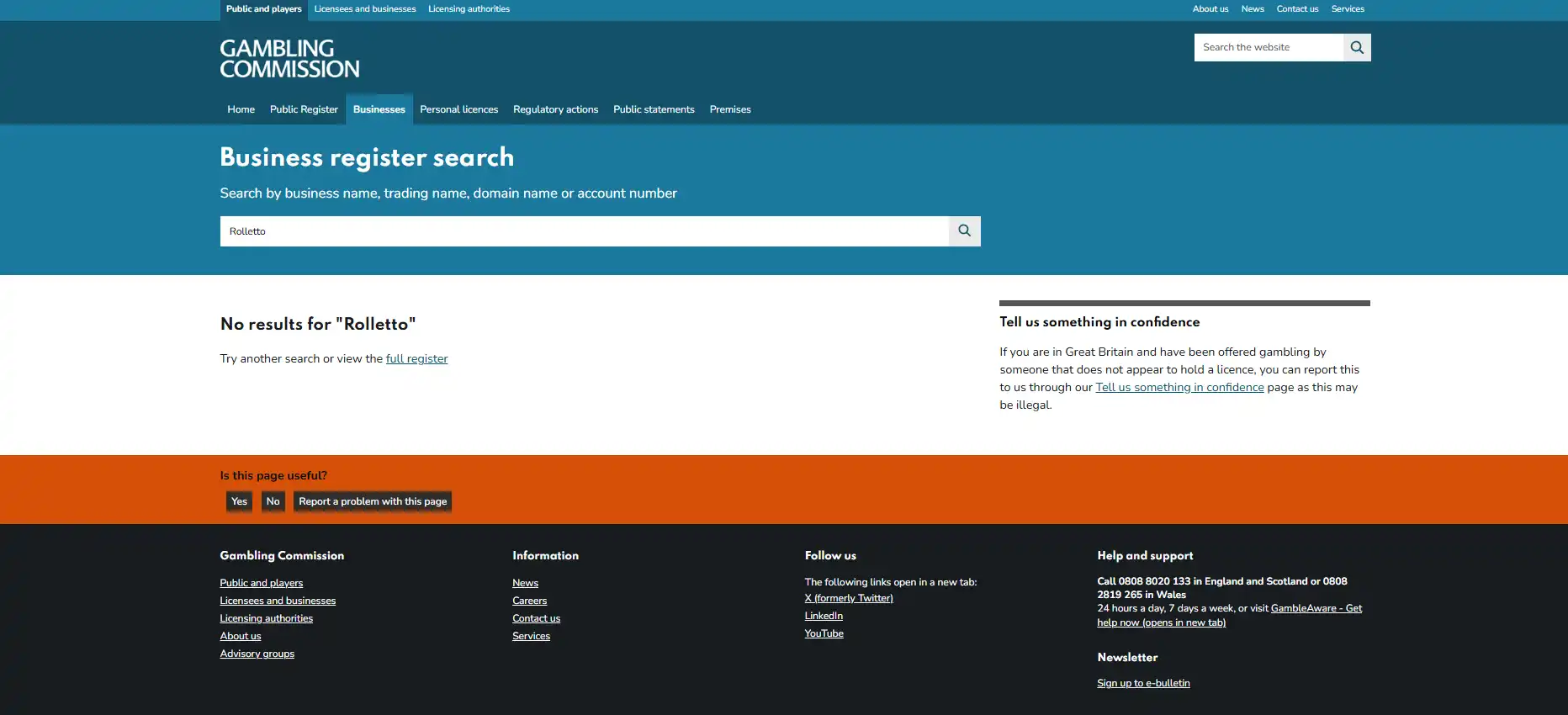 Gambling Commission business register search page
